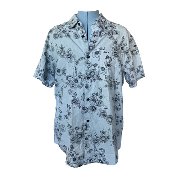 RVCA Men's Black Floral on Blue short sleeve button up shirt - Picture 1 of 3